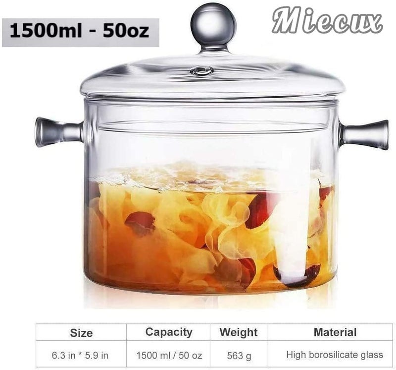 Miecux Glass Saucepan - 2.3L/78OZ Glass Saucepan Heat-Resistant Borosilicate Glass Handmade Cookware Set stovetop Pot - Safe for Pasta Noodle, Soup, Milk, Tea,salad (2.3L/78OZ) - Image 2